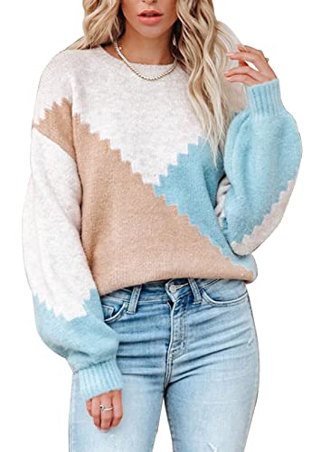 Image of ANCAPELION Women's V Neck Sweater Pullover Leopard Long Sleeve Basic Color Block Jumper Casual Knitted Tops
