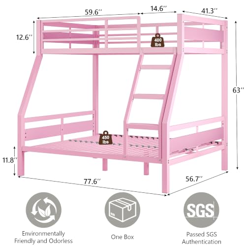 Image of iPormis Metal Bunk Bed Twin Over Full, Heavy Duty Bunk with High Guardrail and Safety Entrance Design, Under-Bed Storage Space, Easy Assembly, Noise Free, Pink