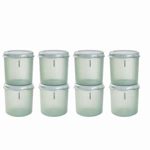 Image of Amazon Brand - Solimo Storewell Linea Plastic Storage Containers Set of 8 (1.9L Each) | BPA-Free, Stackable & Transparent Ribbed Kitchen Storage Jars, Coral Green