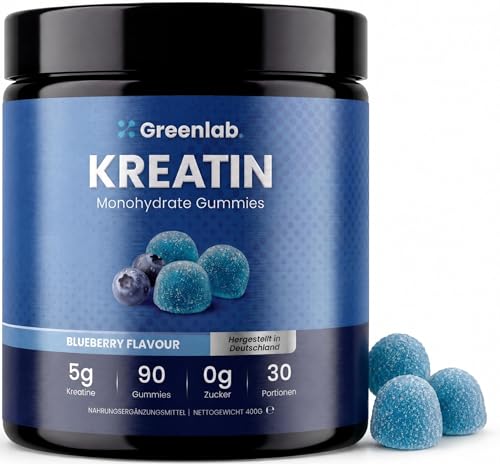 NEU - Greenlab Kreatin Monohydrat Gummies für Männer & Frauen - 5 000mg pro Tagesdosis 90 Gummies Zuckerfrei Vegan Blueberry Geschmack Made in Germany
