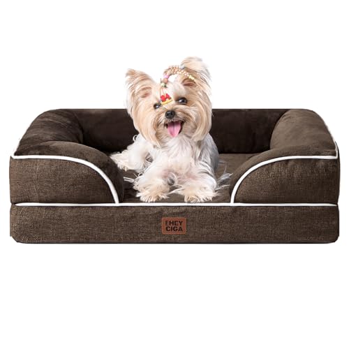 Image of EHEYCIGA Orthopedic Dog Bed for Small and Medium Dogs, Waterproof Memory Foam With Sides, Non-Slip Bottom, Egg-Crate Foam, Washable Removable Cover, Brown