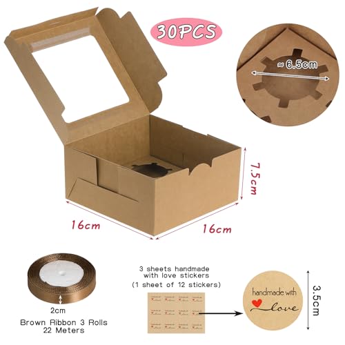 Coolty 30pcs Cupcake Boxes 4 Holes Muffins Desserts Cake Box with 3 Roll Wrapping Ribbon and 3pcs Stickers for Cookies Muffins Cupcakes Desserts Pies (Brown) - Image 3