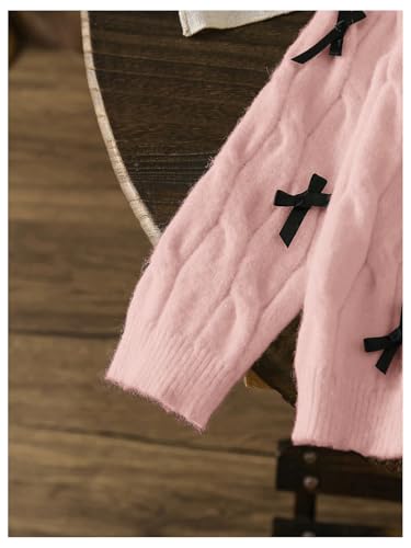 MakeMeChic Girl's Bow Decor Cable Knit Sweater Crew Neck Long Sleeve Cute Sweaters Pullover Top4