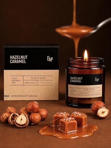 Image of EM5 Hazelnut Caramel Aromatherapy Scented Candle | Hand Crafted Gourmand Candle | 100% Natural Wax & Wick | Upto 40 Hrs Clean Burn | Smokeless & Non-Toxic | 100gm