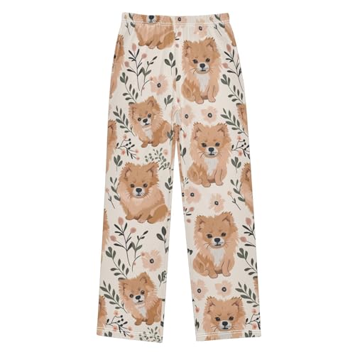 Pomeranian Floral Boys Long Pants Soft Trousers Elastic Waist Kids Lounge Bottoms with Pockets S-XL