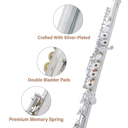 Image of Cecilio Open Hole C Flute - Musical Instrument, Beginner /Intermediate Flute in Band & Orchestra, Silver