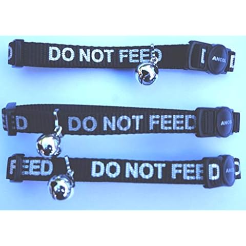 BULK DEAL DO NOT FEED CAT COLLARS X 3 BLACK WITH REFLECTIVE WRITING BELL AND SAFETY RELEASE BUCKLE BY ANCOL Cover