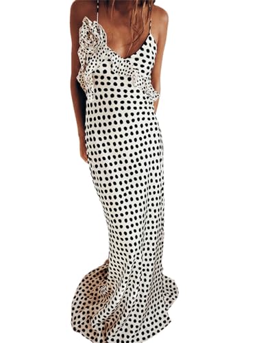 Women Sexy Backless Print Dots Flower Maxi Dress Spaghetti Strap Evening Dress