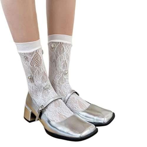 Calcetines de malla de encaje para tobillo con diamantes de imitación dulces, calcetines transparentes para estudiantes y niñas, calcetines de tobillo dulces