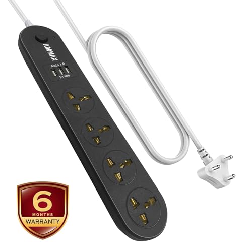 Image of ADDMAX Extension Board with USB - 4 Socket Power Strip, 3 USB Ports, 10 Meter Heavy-Duty Cord, 10A Surge Protector, Fireproof Multi Plug Extension for Home, Office, TV, Computer - Black