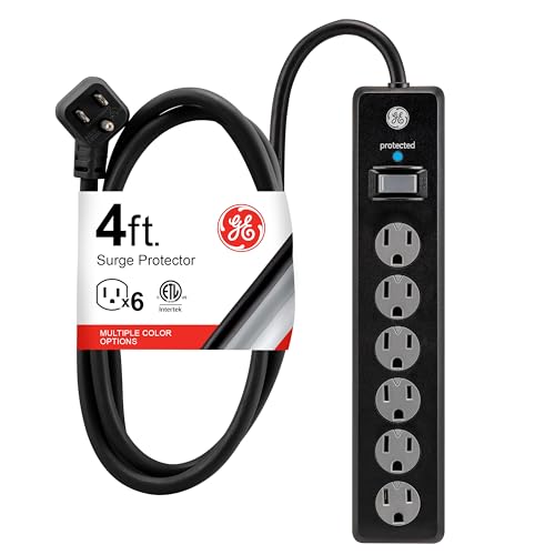 GE 6-Outlet Surge Protector, 4 Ft Extension Cord, Power Strip, 800 Joules, Flat Plug, Twist-to-Close Safety Covers, Protected Indicator Light, UL Listed, Black, 33659 image 2