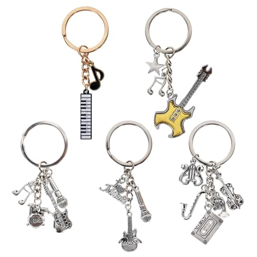 Zimoer Lot de 5 Porte-Clés Musique, Porte-Clés en Alliage avec Notes de Musique Instrument Piano et Guitare, Accessoires de Mode pour Sacs, Téléphones,...
