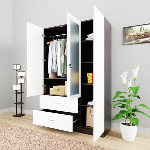 Image of VIKI Wardrobe | Wooden Almirah for Clothes,Door for Bedroom, 3 Door Wardrobe with Drawer, Mirror & Hanging Space (Dark Wenge, Frosty White - 40D x 120W x 180H) | 1 Year Warranty | Free Assembly