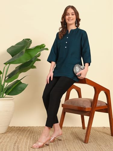 Image of Vogaan Women's Cotton Silk Pant | Half-Elasticated Waist Slim Fit Trouser for Women | Casual Pocket Pants for Office Formal Daily Use