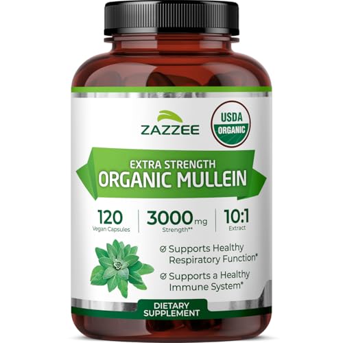 Zazzee USDA Organic Mullein Leaf 10:1 Extract 120 Vegan Capsules 4 Month Supply Verbascum Thapsus Respiratory & Lung Support Organic Herbal Supplement All-Natural Non-GMO Made in the USA