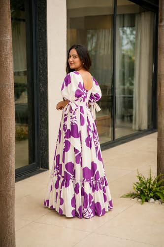 Image of Modestouze Attires Women's Floral Pattern Rayon Blend Maxi Dress with Sweetheart Neck Half Puff Sleeve Floor Length and Zipper Closure Type | Maxi Dress for Women Stylish | Dress for Women