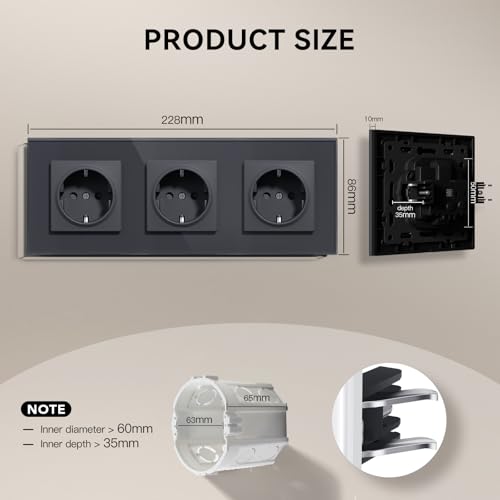 BSEED Steckdose aus Glas, EU-Standard Wandsteckdose mit Krallen, Einbausteckdose mit Kindersicherung, Einfach Montage, Neu E-Serie, 16A 250V,3 Fach-2 Pack,228mm Grau