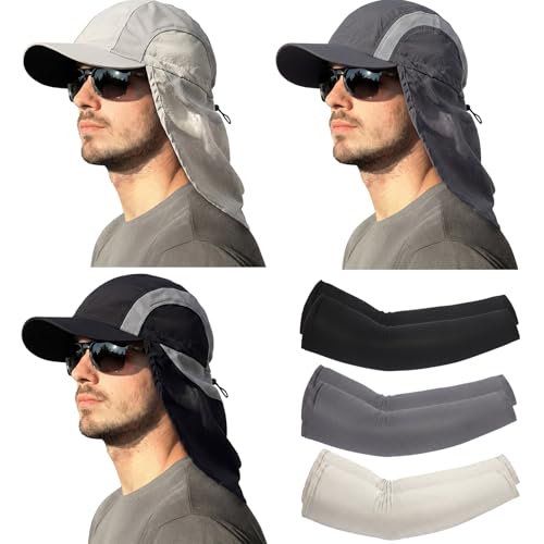 Image of Newcotte 3 Pcs Sun Hat for Men with Neck Flap 3 Cooling Arm Sleeves UV50+ Sun Protection Large Brim Baseball Hats for Outdoor