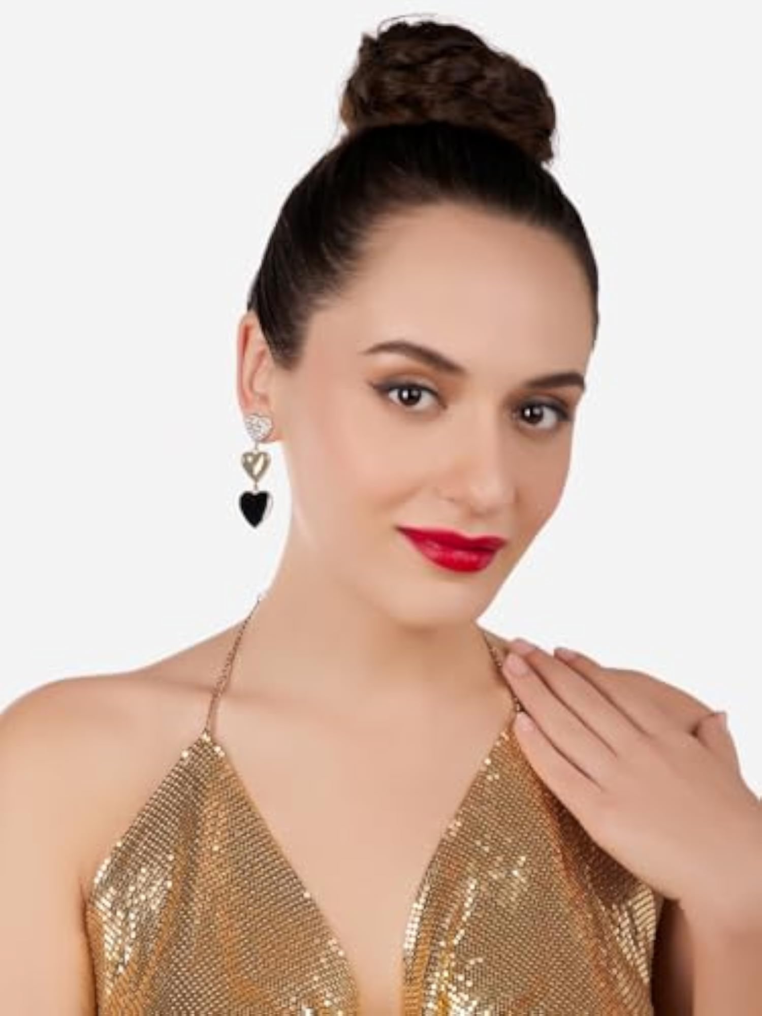 Black Enamel Austrian Diamonds Embellished Hearts Drop Earrings
