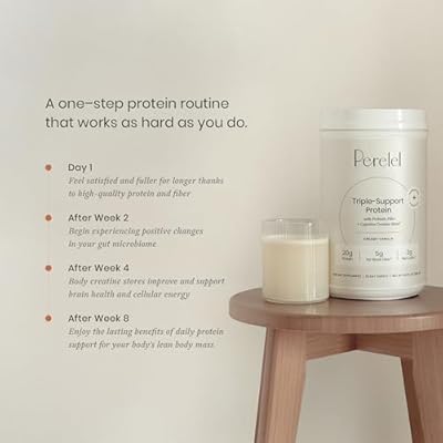 Perelel Triple-Support Plant Based Protein Powder, Creamy Vanilla, 20g Vegan Protein Powder, 3g Creatine Monohydrate, 5g Prebiotic Fiber per Serving, Dairy Free, No Sugar Added, 15 Day Supply