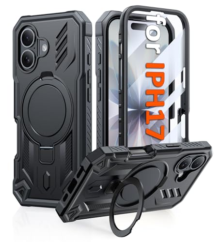 FNTCASE iPhone 17�p�d�b�P�[�X:�����X�N���[���v���e�N�^�[�t�����C�X�^���h�P�[�X | �����O�L�b�N�X�^���h �~���^���[�O���[�h �ϏՌ��� �ی� ���Ȍg�ѓd�b�J�o�[ | �w�r�[�f���[�e�B�[�P�[�X - 6.3�C���` (�u���b�N)