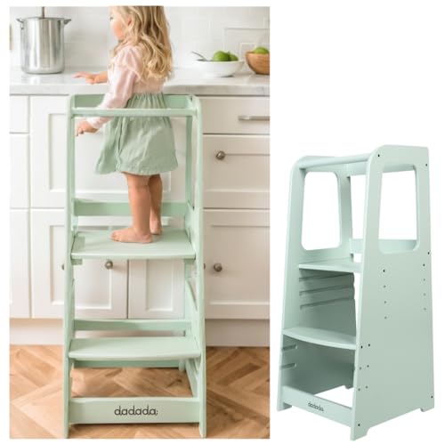 Image of dadada Toddler Tower - Kids Step Stool with Safety Rail - Adjustable Montessori Step Stool for Kids - Toddler Learning Tower with Protection - Kitchen Toddler Step Stool - Sage