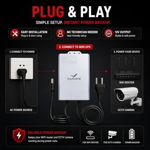 Image of Camate Mini UPS 12V Power Backup for WiFi Router & CCTV Camera | 3600mAh Battery, 4-6 Hr Backup | Weatherproof Outdoor Use | 12V 2A Output | Plug & Play | Safety Protection