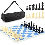 EMVANV Portable Chess & Checkers Set, 35cm Travel Board Games Tournament Chess Mat with Chess & Storage Bag, Blue Roll Up Chess Board Travel Chess Sets(Blue)