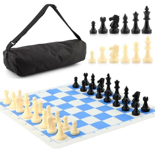 EMVANV Portable Chess & Checkers Set, 35cm Travel Board Games Tournament Chess Mat with Chess & Storage Bag, Blue Roll Up Chess Board Travel Chess Sets(Blue)