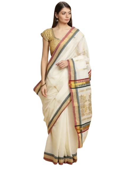 GenericWomen's Jaipranav Saree_ Trending Kerela Cotton Saree Temple Border, White