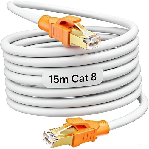 Image of MEIPEK Cat8 Ethernet Cable 15m High Speed 40Gbps 2000Mhz S /FTP Shielded 26AWG Gigabit Waterproof White Rj45 Lan Internet Network Patch POE with 15 Clips