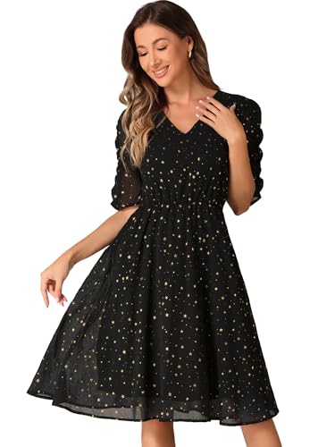 Allegra K Chiffon Dress for Women's Metallic Stars Ruched Sleeve V Neck A-line Dress