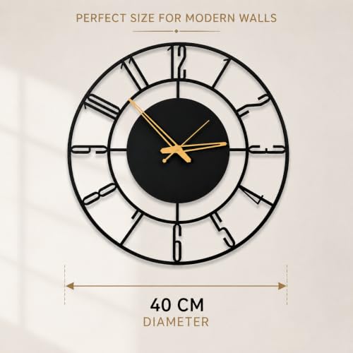 Image of 40 cm Metal Wall Clock, Black, Silent Non-Ticking | Silent Non-Ticking, Skeleton Design, Modern Iron Analog, Design-2