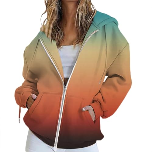 AMDOLE Hoodies for Women Uk Women's Long Sleeve Sweatshirts Soft Comfortable Casual Hooded Jackets with Pockets Oversized Zip Up Ladies Fleece Jackets Full Zip Orange-B 3XL