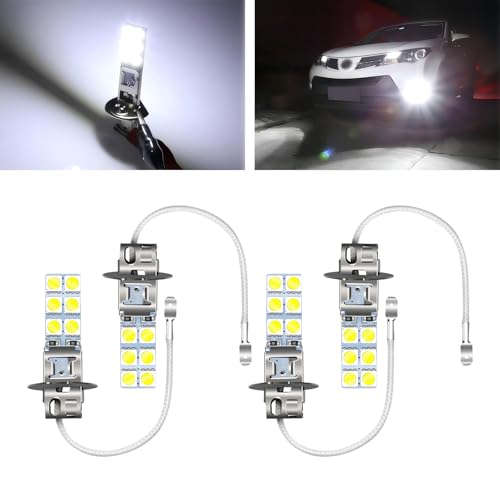 Neferta 4 PCS Car H3 LED Fog Lights 12V 5050-12SMD 6000K Super Bright Anti-fog Strong Penetration Bulb Plug and Play Waterproof Energy-saving Light Bulb Replacement Universal for Most Cars (White)