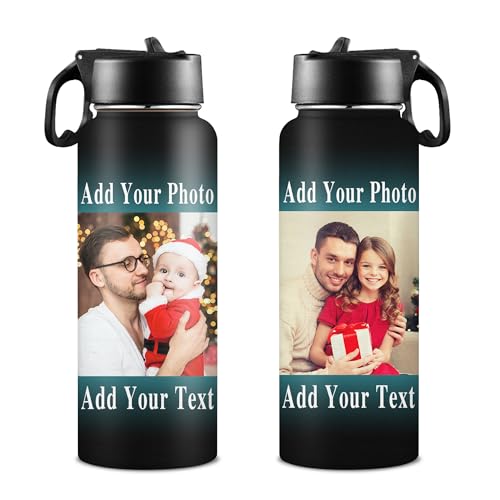 Personalized Water Bottles with Straw 18oz Double-sided Printing Stainless Steel Insulated Water Bottle with Photo Customized Gifts for Christmas Birthday Gifts for Mom Dad Grandma Grandpa