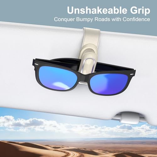 Image of Veharvim Sunglass Holder for Car (2 Pack, One-Handed Operation, Gentle & Secure Hold, Silicone Padded, Universal Fits Sunglass and Car Visor) - Sunglasses Clip for Car Visor (Beige, 2 Pack)