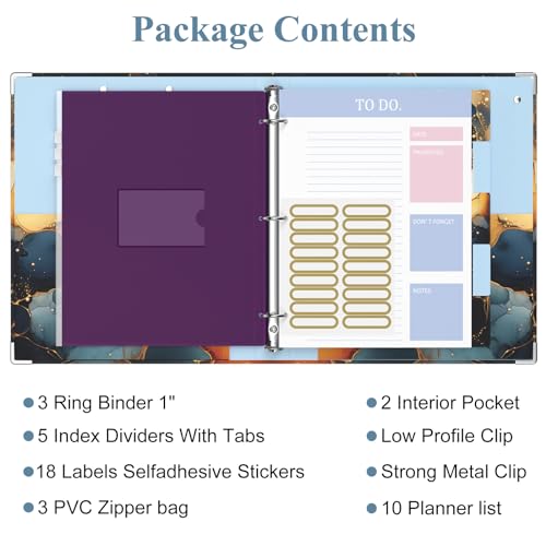 Image of 3 Ring Binder, 1 Inches Round Ring Binder with Clipboard, Dividers Tabs, PVC Zipper Bag Sleeves & to Do List Planners for Women, Men, School, Office Supplies, Abstraction