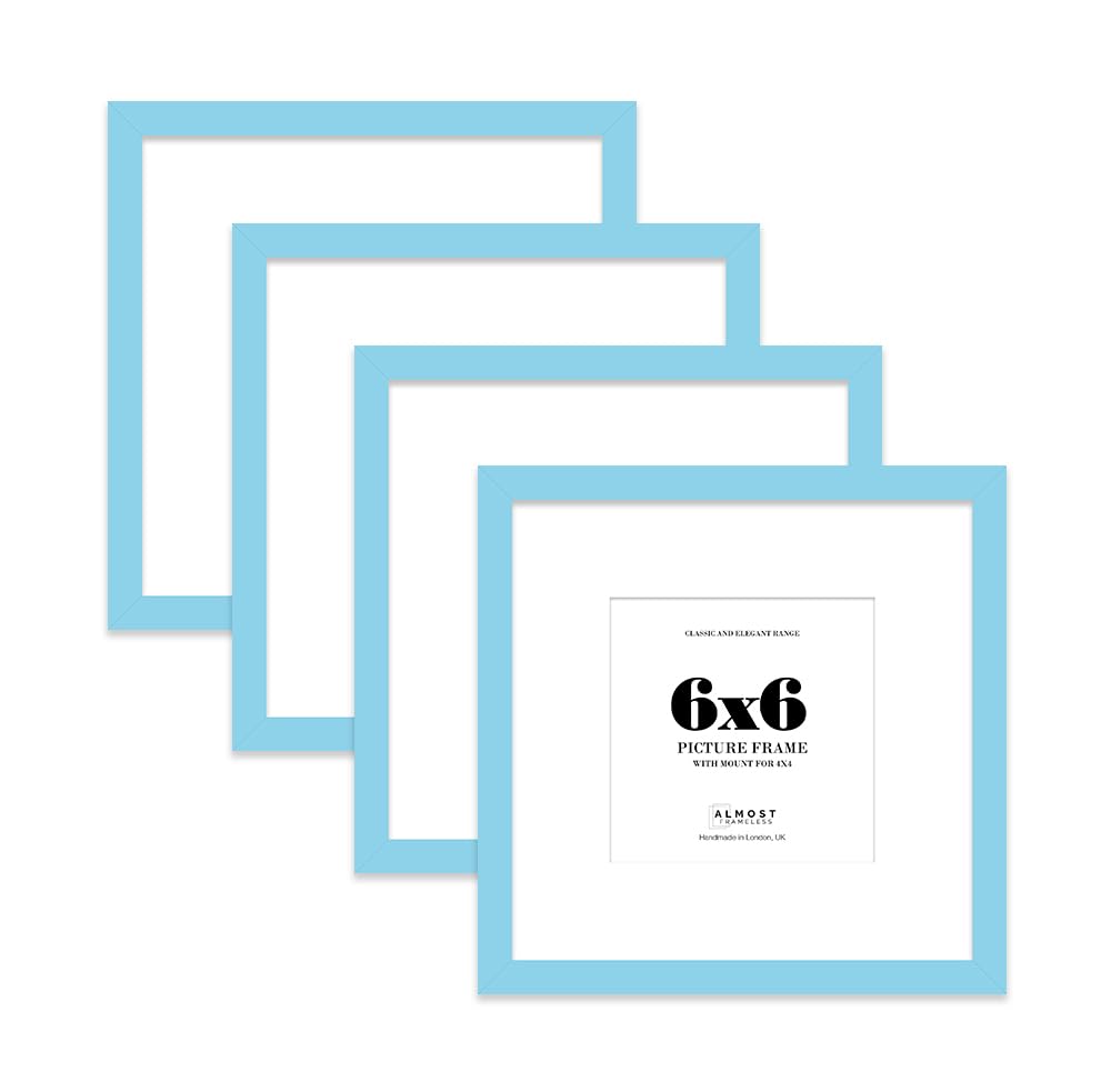 6x6 Light Blue Picture Frame with Mount for 4x4 Photos, Prints - Modern Square Wall Frame, Set of 4