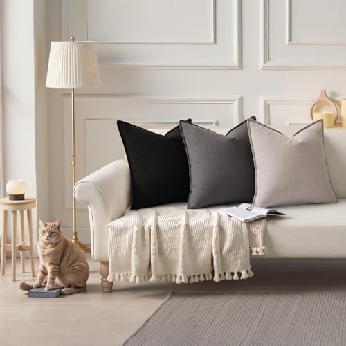 Image of decorUhome Decorative Linen Throw Pillow Covers 16x16 Inch Set of 2 Dark Grey Pillow Covers with Flange Edges Soft Farmhouse Boho Accent Pillow Cases for Couch Bed Living Room