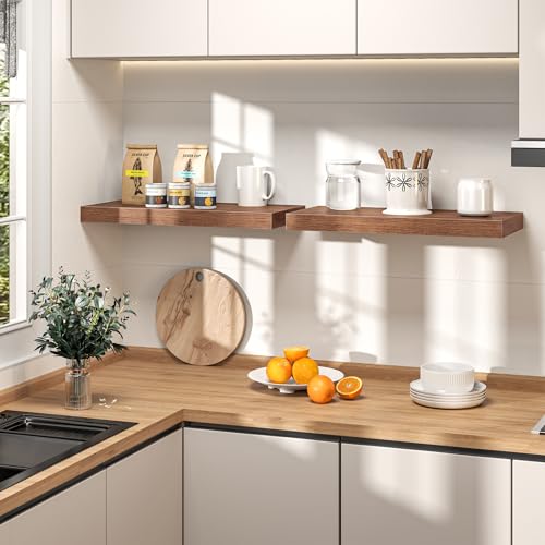 Image of Fun Memories 32Inch Floating Shelves for Wall, 8 Inch Deep Shelves for Bathroom|Bedroom|Kitchen Wall Mounted, Wood Hanging Shelf with Invisible Brackets for Home Storage Decor, Walnut - 3 Pack