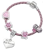 'Big Sister' Pink Leather Charm Bracelet for Girls Presented in Gift Box