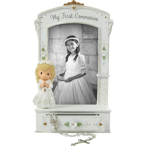 Precious Moments 252413 My First Communion Photo Frame with Storage Drawer and White Rosary Resin and Glass Picture Frame Holds 4 x 6 in Photo Catholic Communion Gift