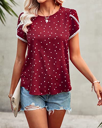 Prettygarden Women’s Shirts Summer Casual Crewneck Lace Crochet Short Sleeve Blouses Cute Floral Print Loose Tunic Tops (X-Large, Heart White Red) #TOP2