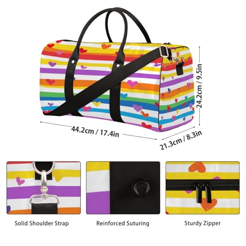 Rainbow Stripe Love Heart Travel Duffel Bag Sports Tote Gym Bag Waterproof Tear-Resistant Carry On Overnight Bag Foldable Weekender Bag for Gym Travel Getaway Beach Sports2