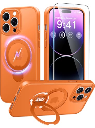 Image of FNTCASE for iPhone 14 Pro-Max Case: [360 Spin Magnetic Stand] [Compatible with Magsafe] [Screen Protector] Translucent Matte Military Grade Shockproof Full Camera Protective Phone Cover - Orange