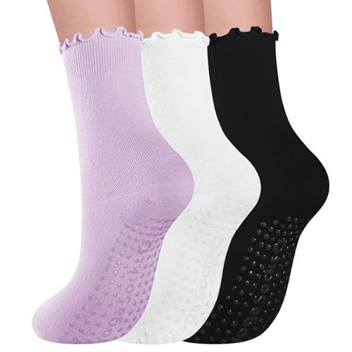 Image of 3 Pairs Pilates Socks with Grips for Women Non Slip Grip Ruffle Yoga Ankle Grippy Socks