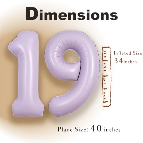Image of SUWEN 40 Inch Light Purple Large 19 Balloon Number Big Foil Helium Lavender Number Balloons Huge Mylar 0-9 Giant Jumbo Happy 19th Birthday Party Anniversary Decorations
