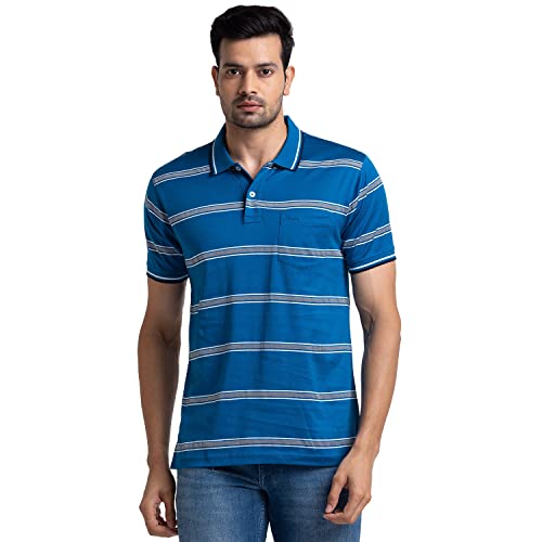 Image of Colorplus Men's Pure Cotton Stripe Pattern Tailored Fit Polo Neck Half Sleeve Casual T-Shirt