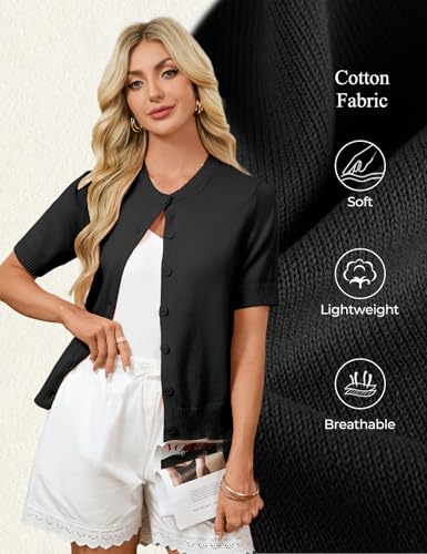 GRACE KARIN Women's Summer Short Sleeve Cardigan Sweaters Lightweight Black Crew Neck Button Up Cropped Knit Sweater — view 4